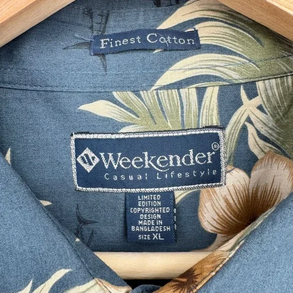 Weekender Mens Blue Hawaiian Floral Fish Print Button Up Shirt Size XL Camp - Picture 9 of 10